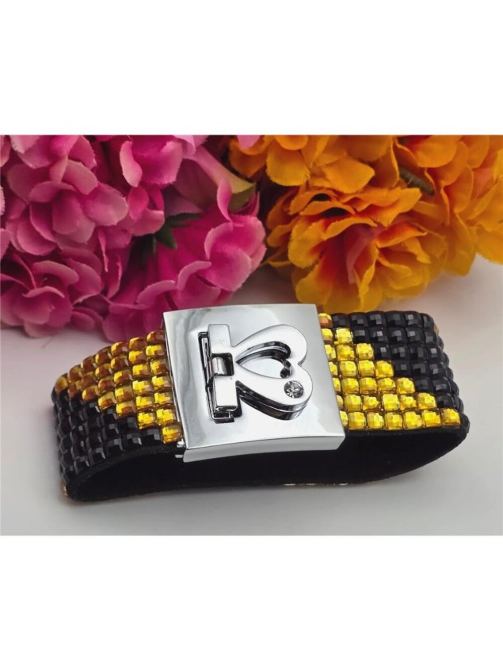 Black Gold Faceted Bead Leather Cuff Bracelet Heart Hook Clasp 6.5 In
